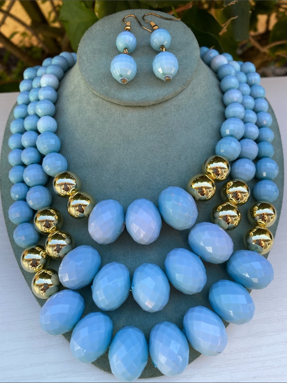Baby Blue Faceted Bead 3 Strand Statement Necklace & Earrings Set Gold Tone